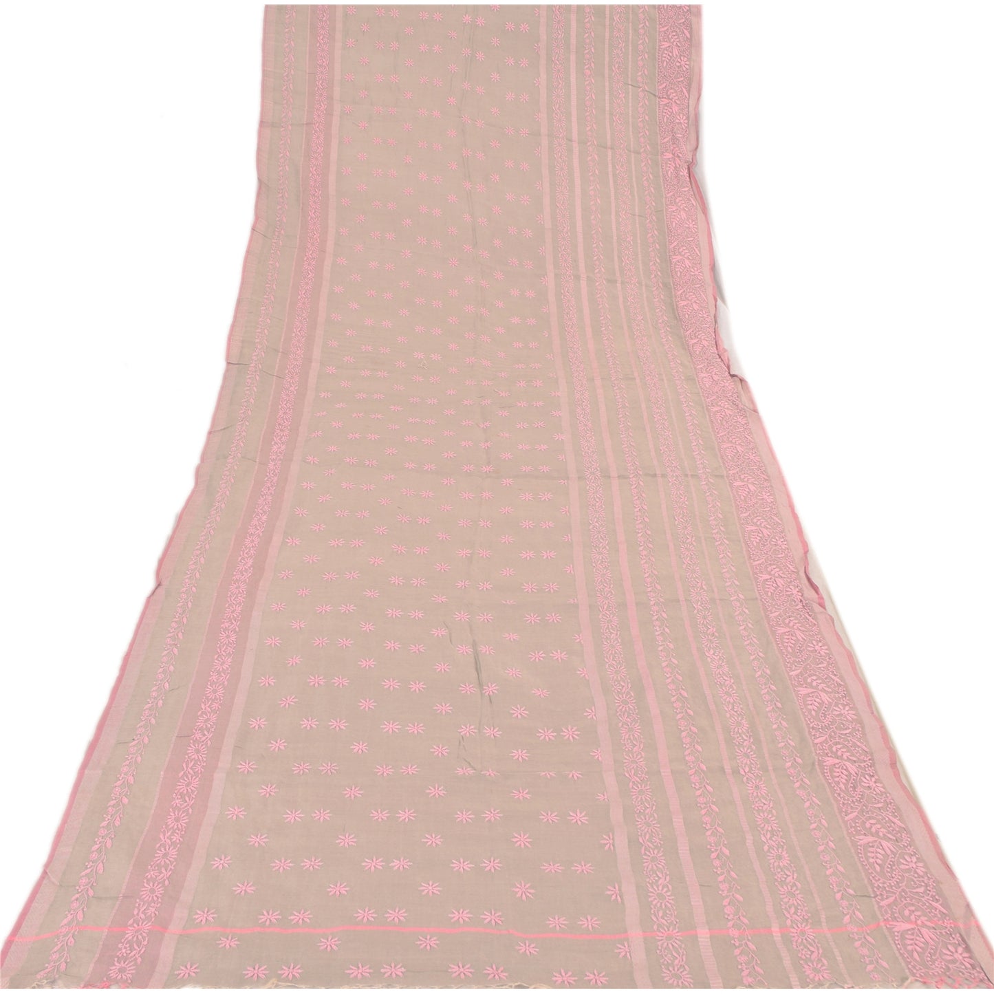 Sanskriti Vintage Long Dupatta/Stole Cream Hand Embroidery Chikankari Pure Silk