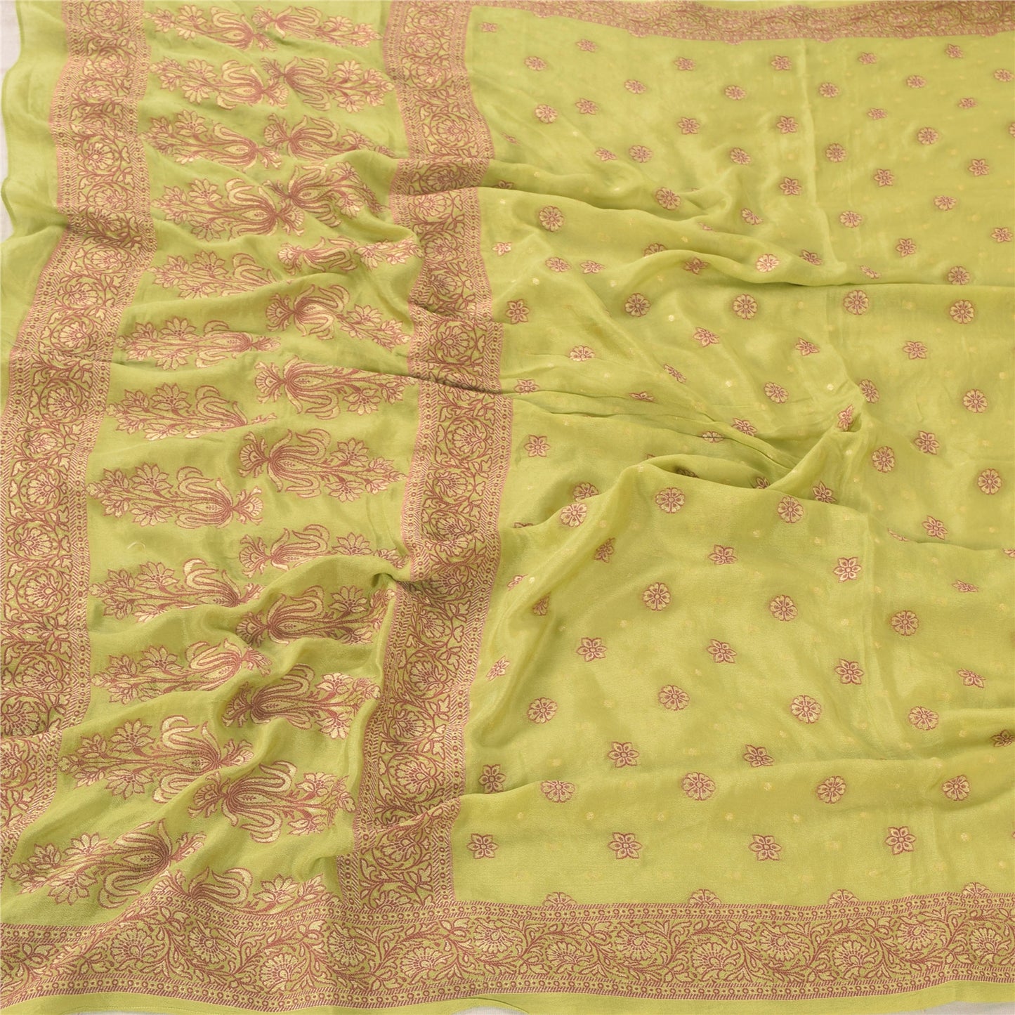 Sanskriti Vintage Long Dupatta/Stole Pure Silk Green Woven Work Scarf Veil