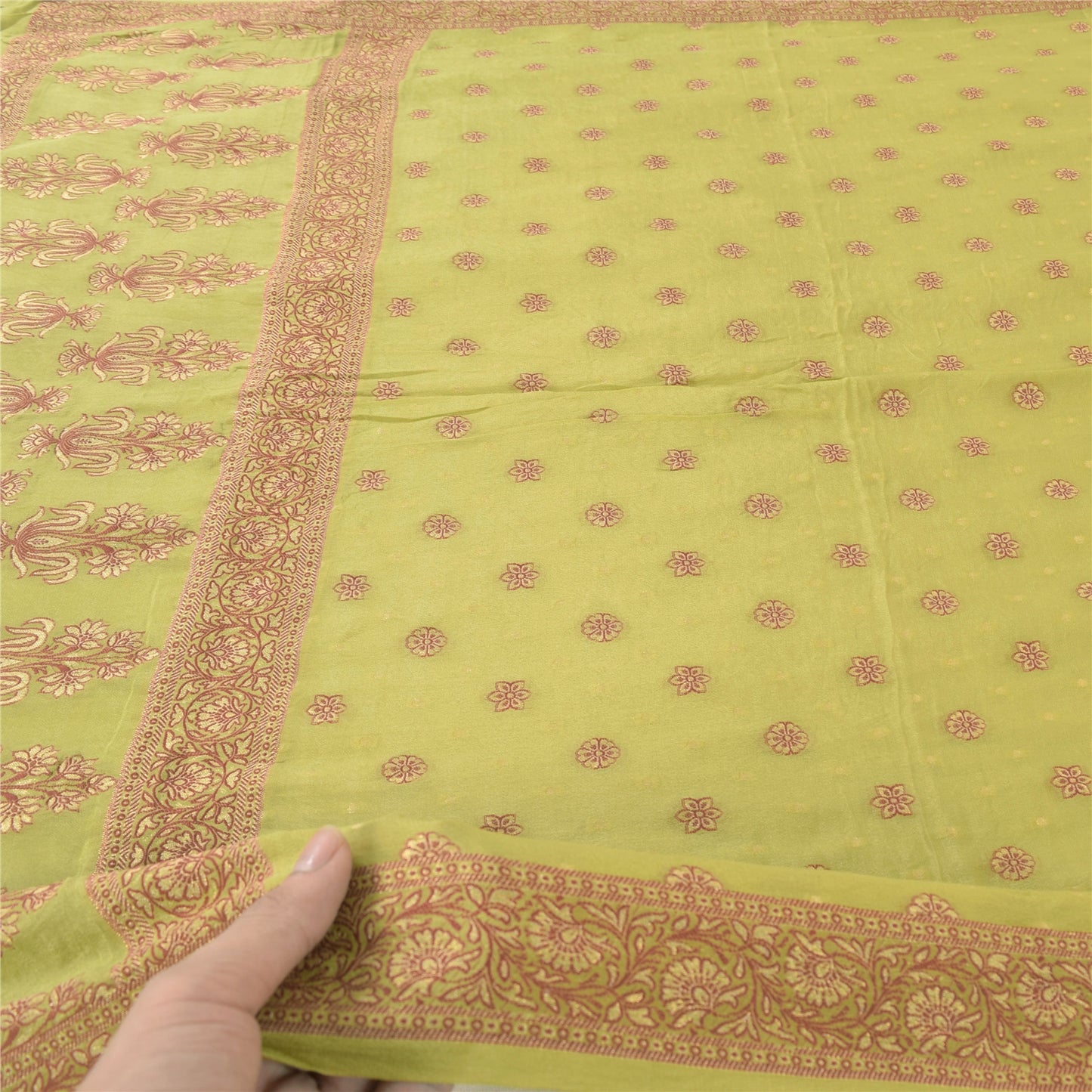 Sanskriti Vintage Long Dupatta/Stole Pure Silk Green Woven Work Scarf Veil