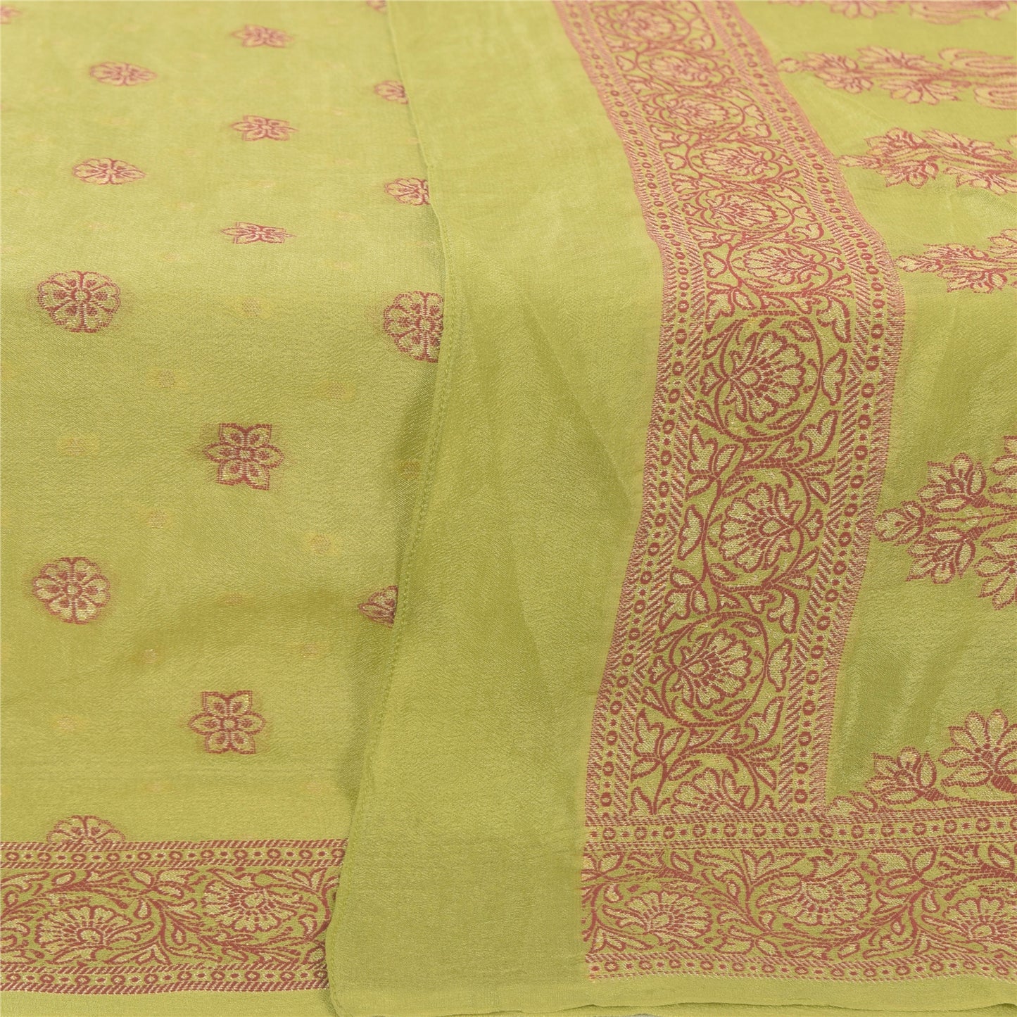 Sanskriti Vintage Long Dupatta/Stole Pure Silk Green Woven Work Scarf Veil