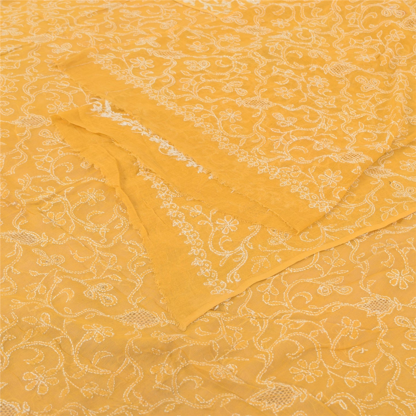 Sanskriti Vintage Long Dupatta/Stole Pure Cotton Yellow Hand Embroidered Kantha