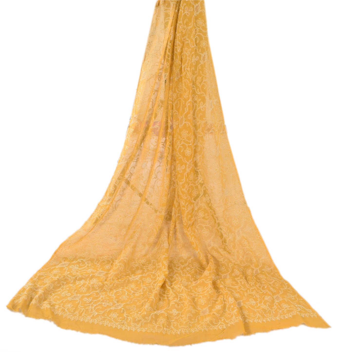 Sanskriti Vintage Long Dupatta/Stole Pure Cotton Yellow Hand Embroidered Kantha