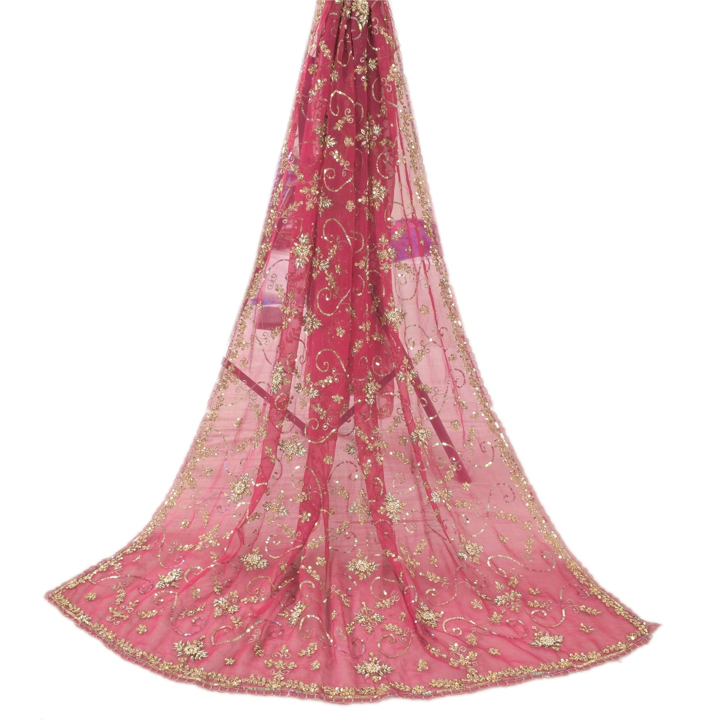 Sanskriti Vintage Long Dupatta/Stole Georgette Pink Zari Hand Beaded Scarf Veil