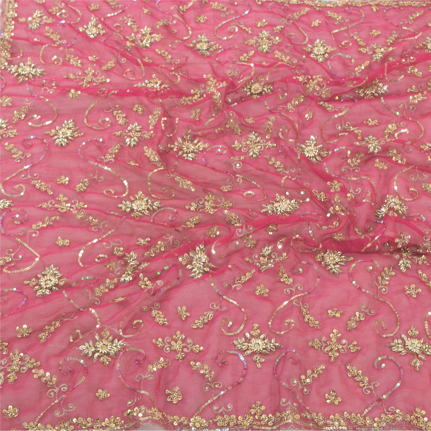 Sanskriti Vintage Long Dupatta/Stole Georgette Pink Zari Hand Beaded Scarf Veil