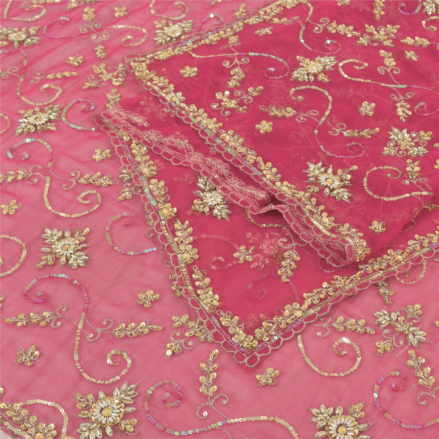 Sanskriti Vintage Long Dupatta/Stole Georgette Pink Zari Hand Beaded Scarf Veil