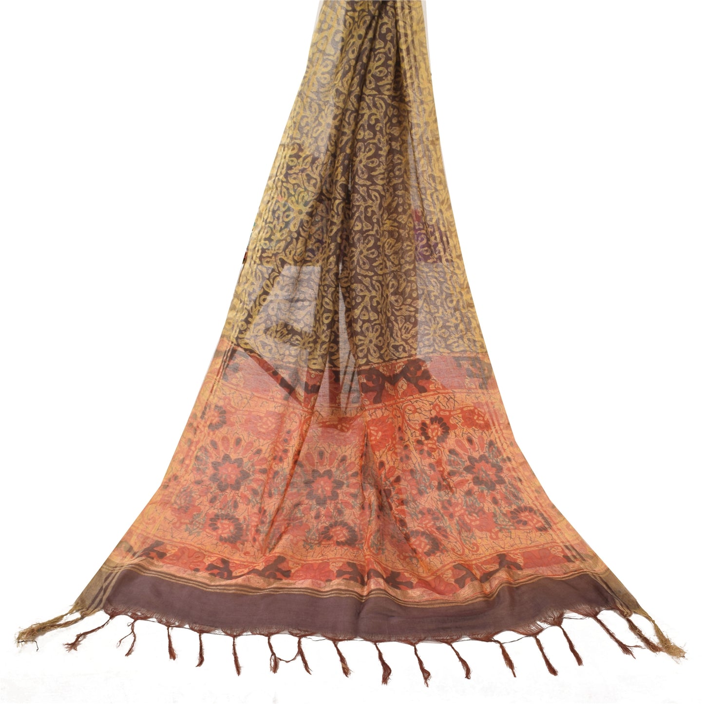 Sanskriti Vintage Brown/orange Dupatta Long Stole Art Silk Printed Premium Veil