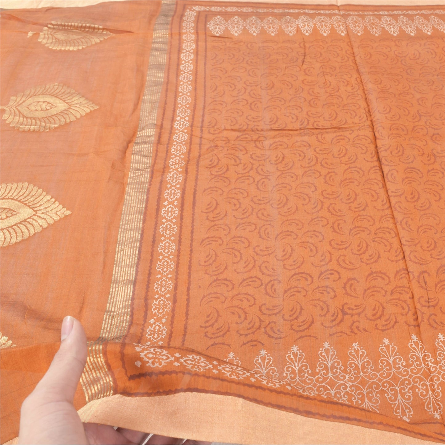 Sanskriti Vintage Orange Dupatta Long Stole Pure Silk Printed Woven Wrap Scarves