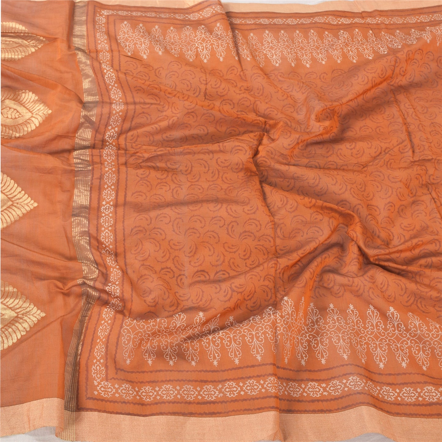 Sanskriti Vintage Orange Dupatta Long Stole Pure Silk Printed Woven Wrap Scarves