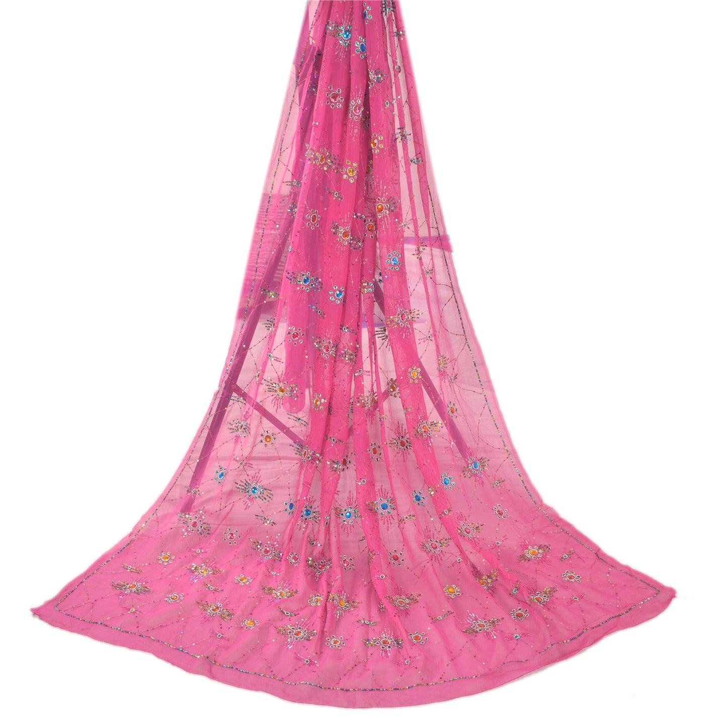 Sanskriti Vintage Pink Dupatta Long Stole Pure Georgette Hand Beaded Wrap Hijab