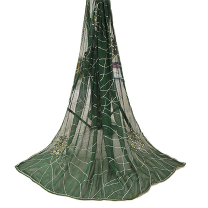 Sanskriti Vintage Green Dupatta Long Stole Pure Georgette Hand Beaded Wrap Veil