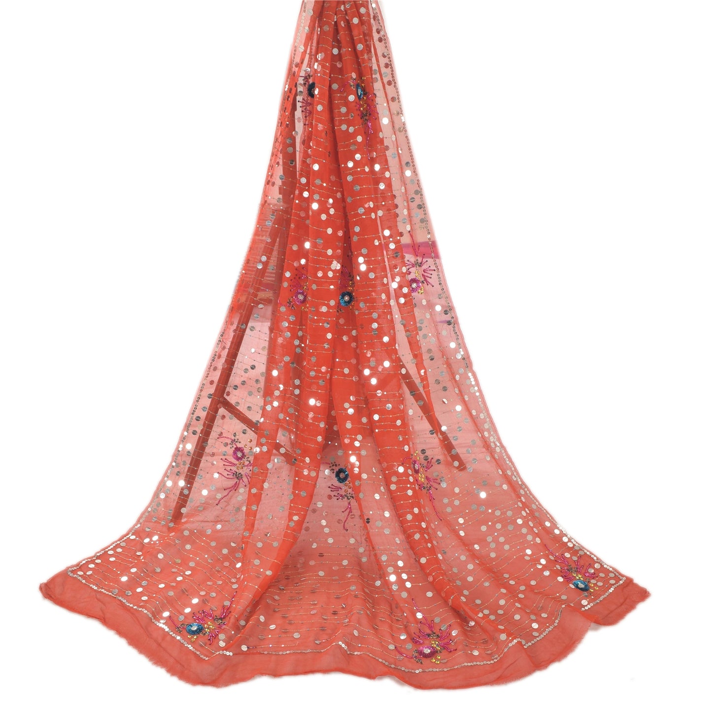 Sanskriti Vintage Orange Dupatta Long Stole Pure Georgette Hand Beaded Wrap Veil