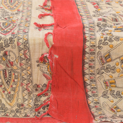 Sanskriti Vintage Ivory Dupatta Long Stole Pure Cotton Woven Printed Wrap Veil