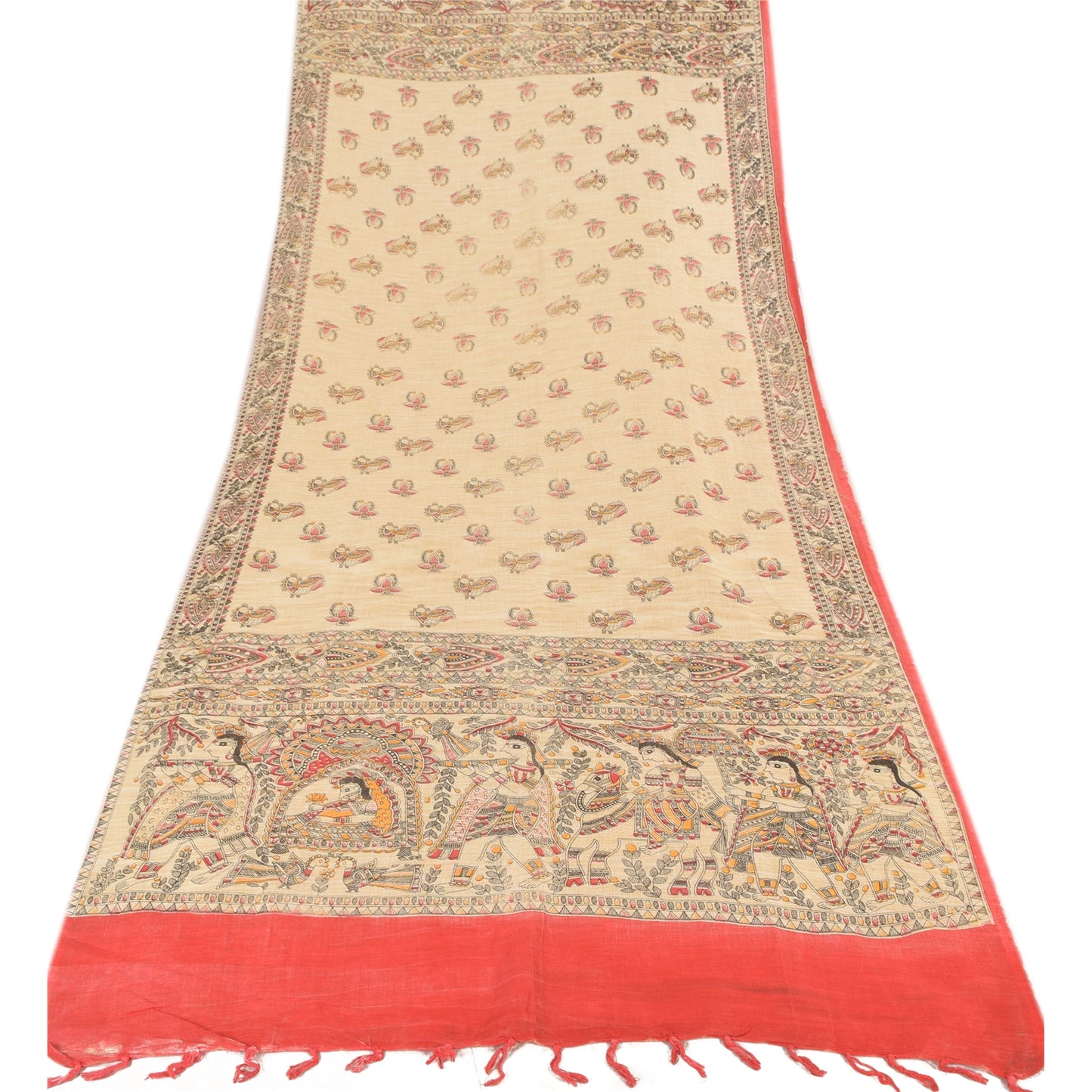 Sanskriti Vintage Ivory Dupatta Long Stole Pure Cotton Woven Printed Wrap Veil