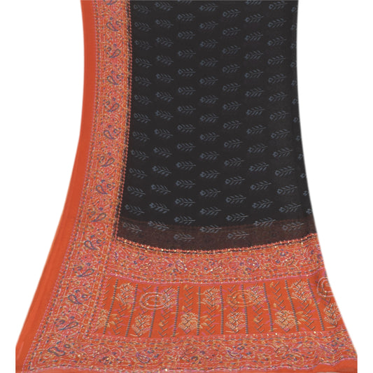 Sanskriti Vintage Black/Orange Dupatta Long Stole Pure Georgette Embroidery Veil