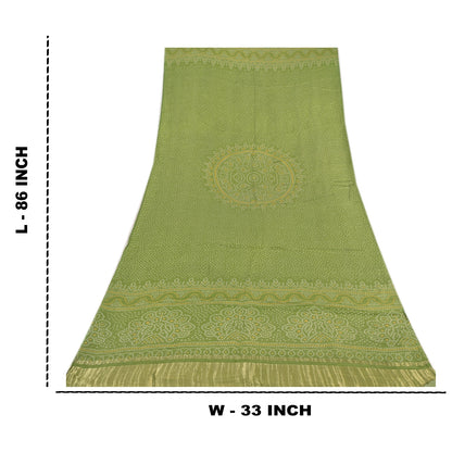 Sanskriti Vintage Long Dupatta/Stole Bandhani Print Green Cotton Silk Scarf Veil