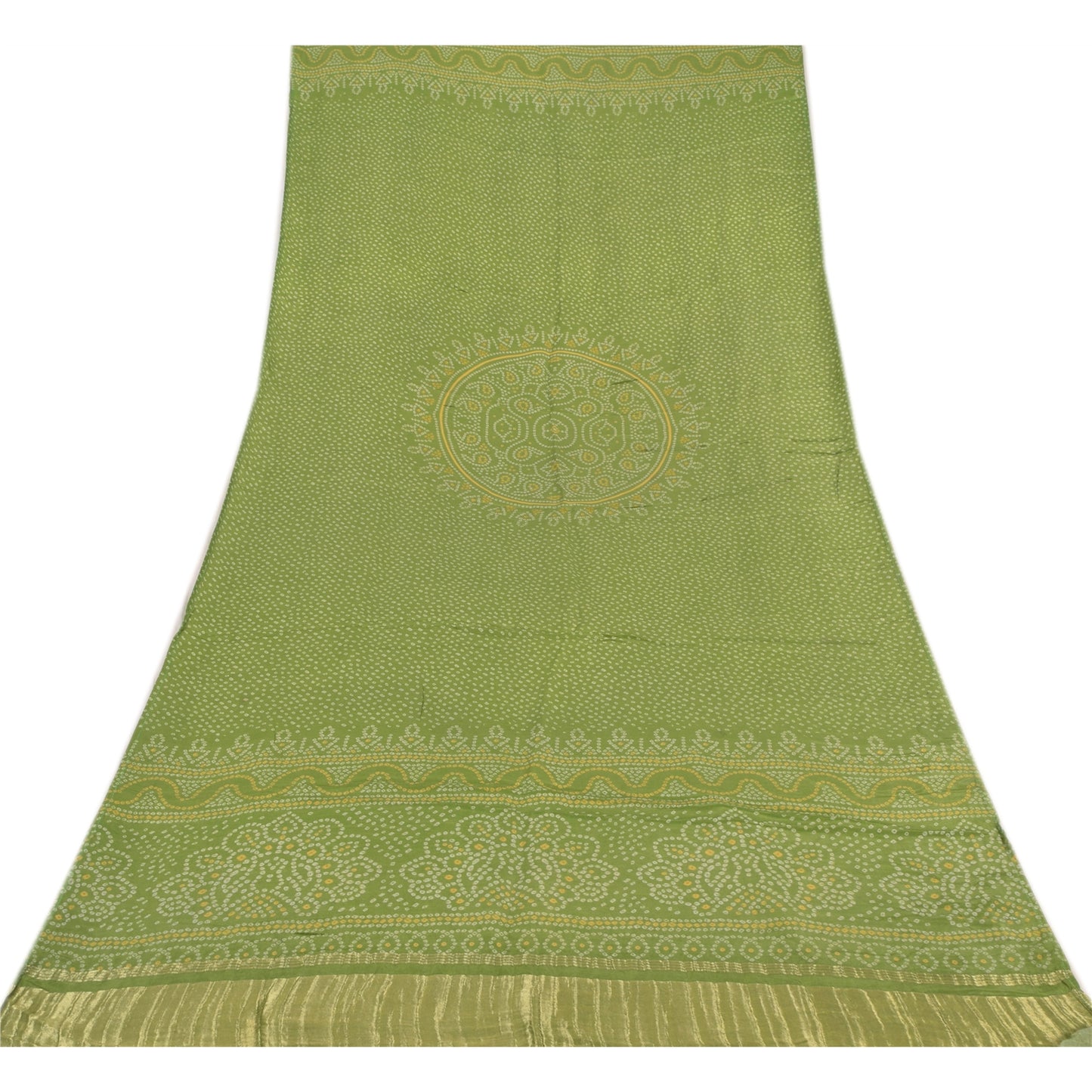 Sanskriti Vintage Long Dupatta/Stole Bandhani Print Green Cotton Silk Scarf Veil