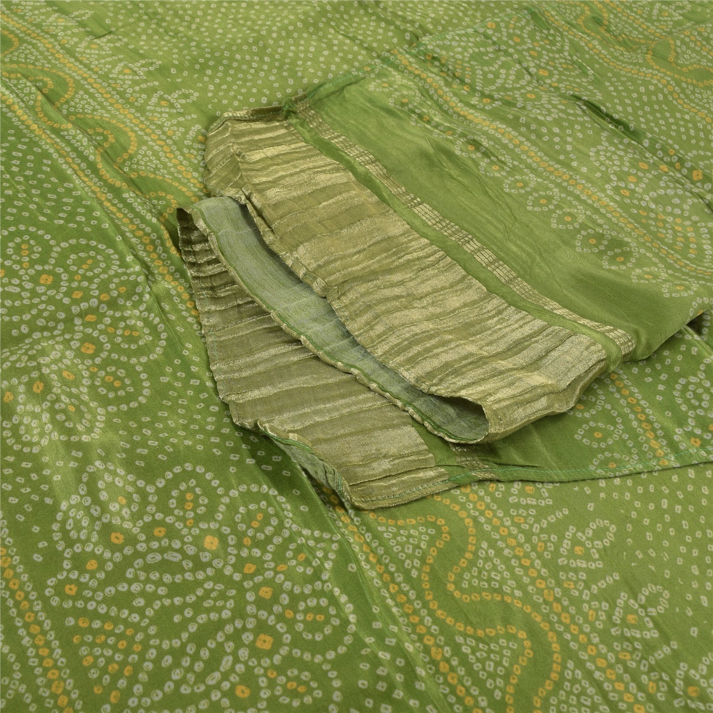 Sanskriti Vintage Long Dupatta/Stole Bandhani Print Green Cotton Silk Scarf Veil