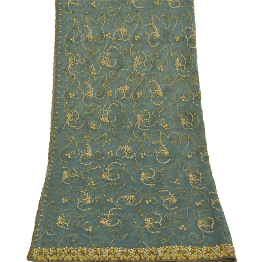 Sanskriti Vintage Long Dupatta Blue Net Mesh Zardozi Hand Bead Stole Scarf Veil