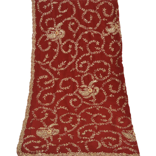 Sanskriti Vintage Red Dupatta Long Stole Georgette Hand Beaded Zardozi Scarves