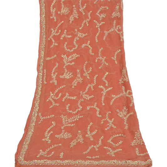 Sanskriti Vintage Coral Dupatta Long Stole Pure Chiffon Silk Hand Beaded Scarves