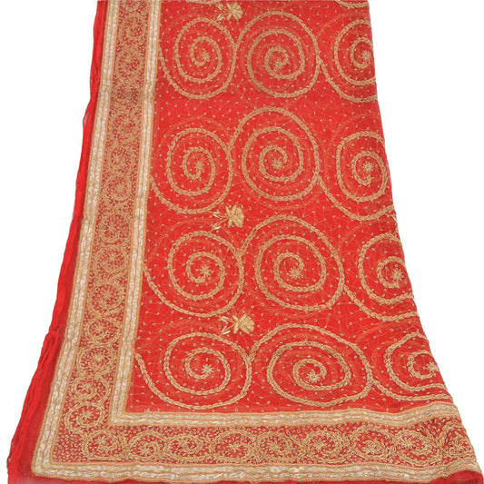 Sanskriti Vintage Red Dupatta Long Stole Pure Chiffon Silk Hand Beaded Wrap Veil