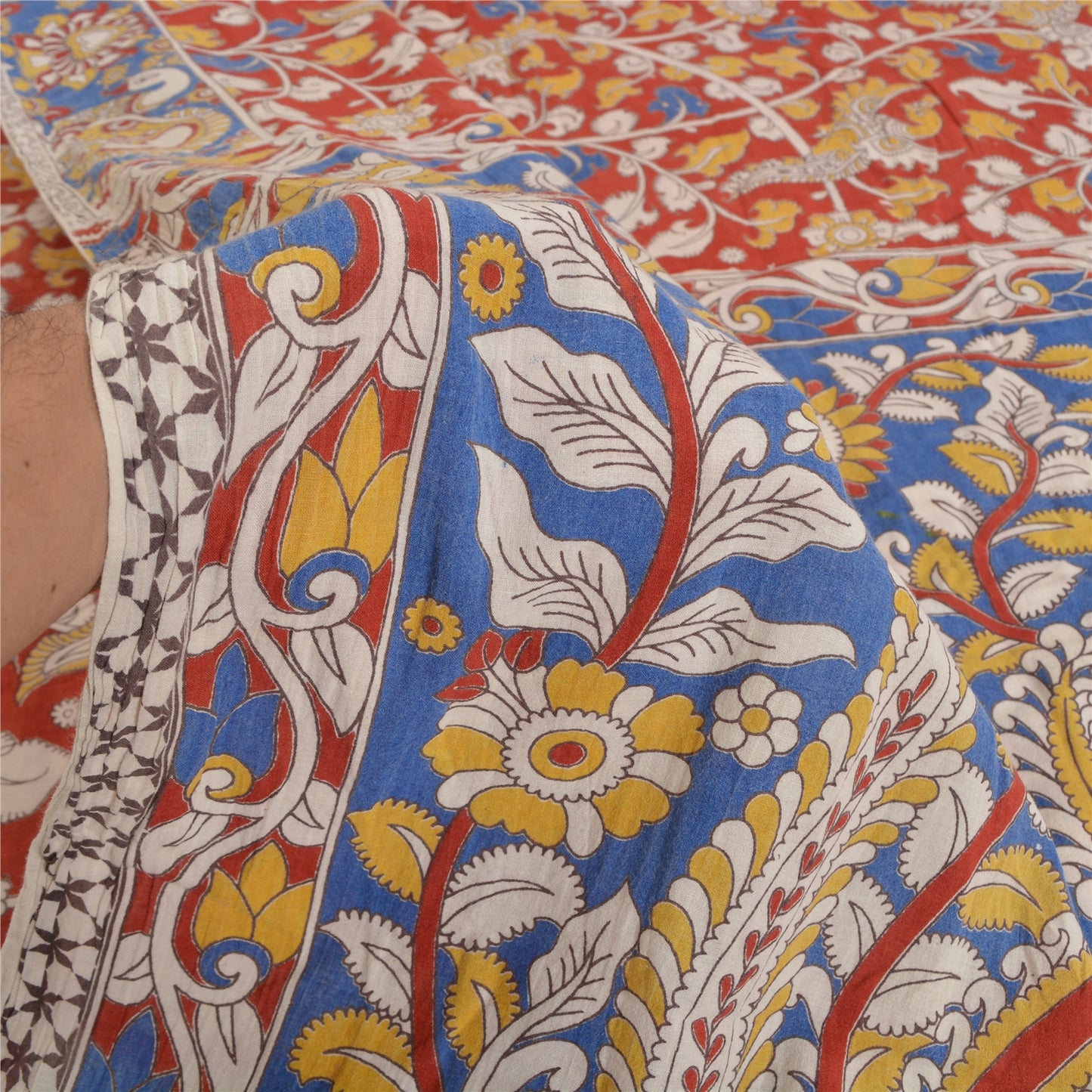 Vintage Indian Saree 100% Pure Cotton Madhubani Hand Painted Fabric Sari Cream