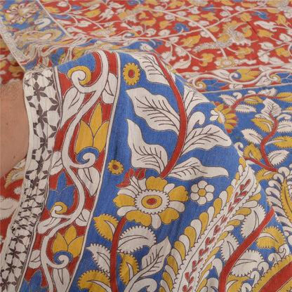 Vintage Indian Saree 100% Pure Cotton Madhubani Hand Painted Fabric Sari Cream