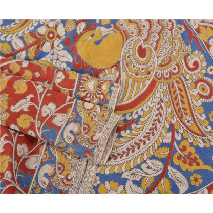 Vintage Indian Saree 100% Pure Cotton Madhubani Hand Painted Fabric Sari Cream