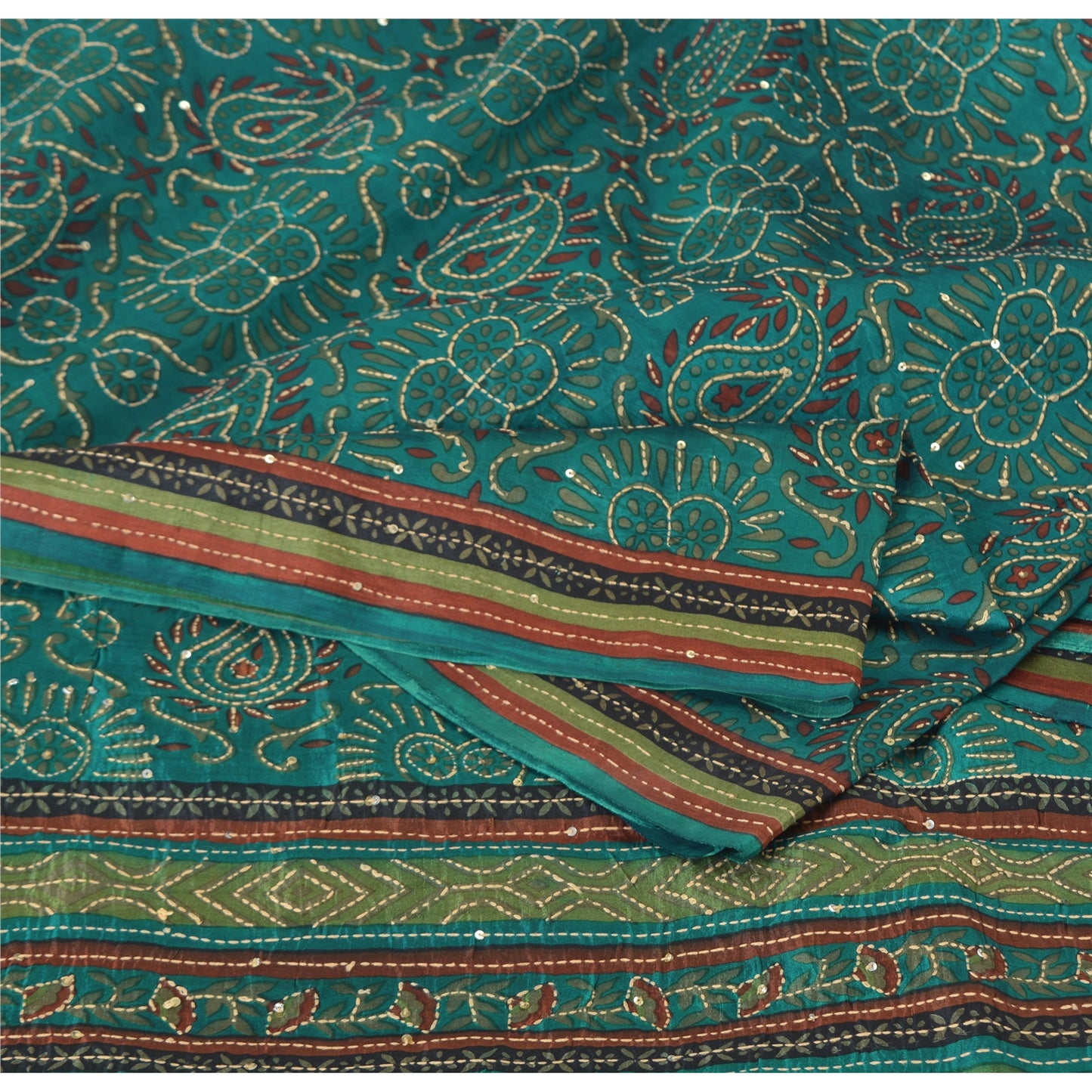 Sanskriti Vintage Teal Blue Sarees Pure Silk Hand Beaded Kantha Sari 5yrd Fabric