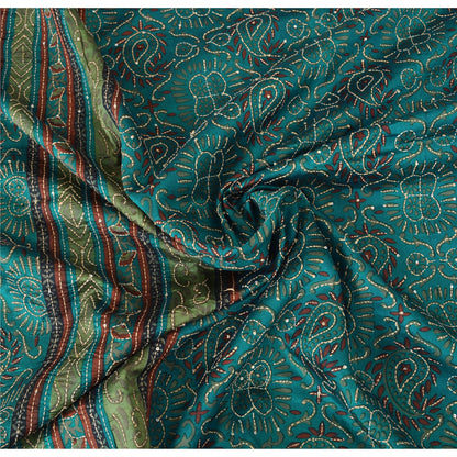 Sanskriti Vintage Teal Blue Sarees Pure Silk Hand Beaded Kantha Sari 5yrd Fabric