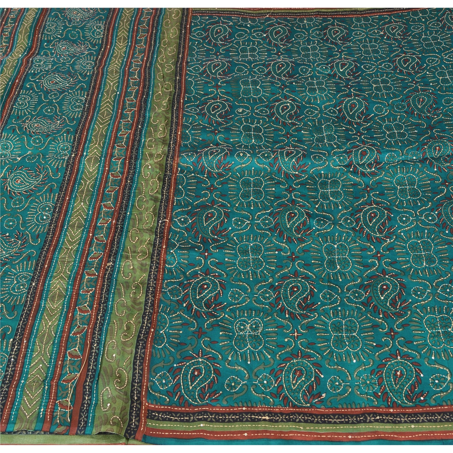 Sanskriti Vintage Teal Blue Sarees Pure Silk Hand Beaded Kantha Sari 5yrd Fabric