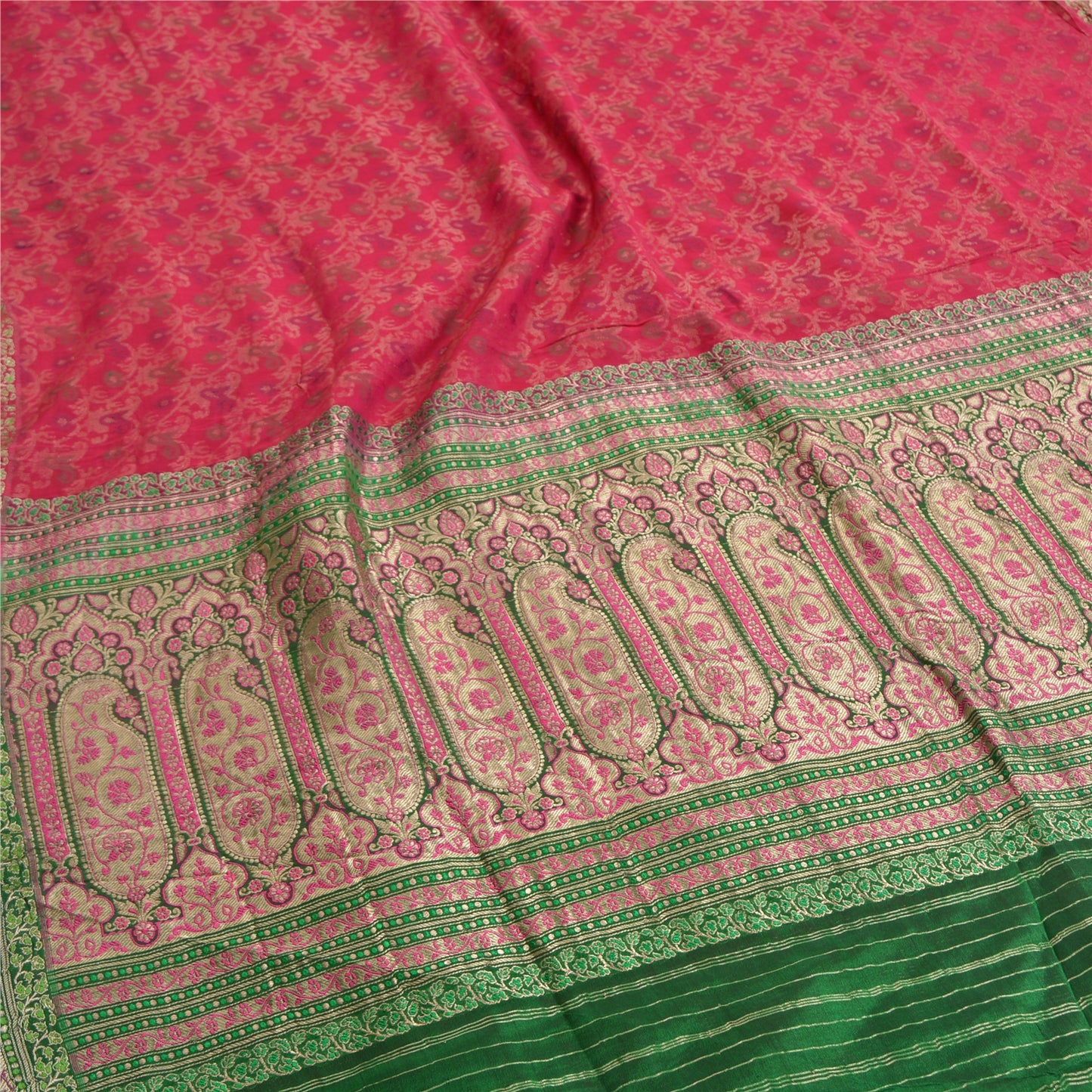 Sanskriti Vintage Green/Pink Sarees Pure Silk Woven Brocade/Banarasi Sari Fabric