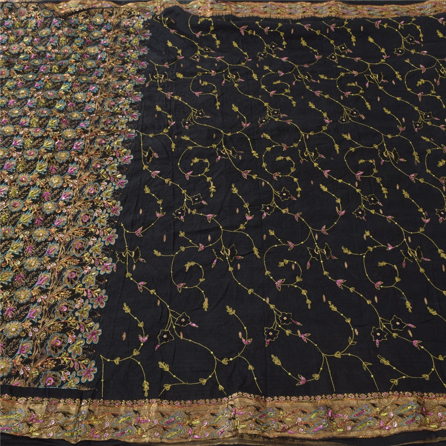 Sanskriti Vintage Black Sarees Pure Silk Hand Beaded Brocade Premium Sari Fabric