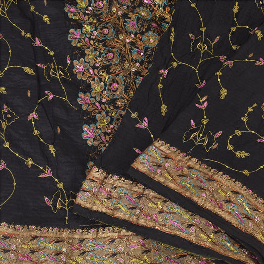 Sanskriti Vintage Black Sarees Pure Silk Hand Beaded Brocade Premium Sari Fabric