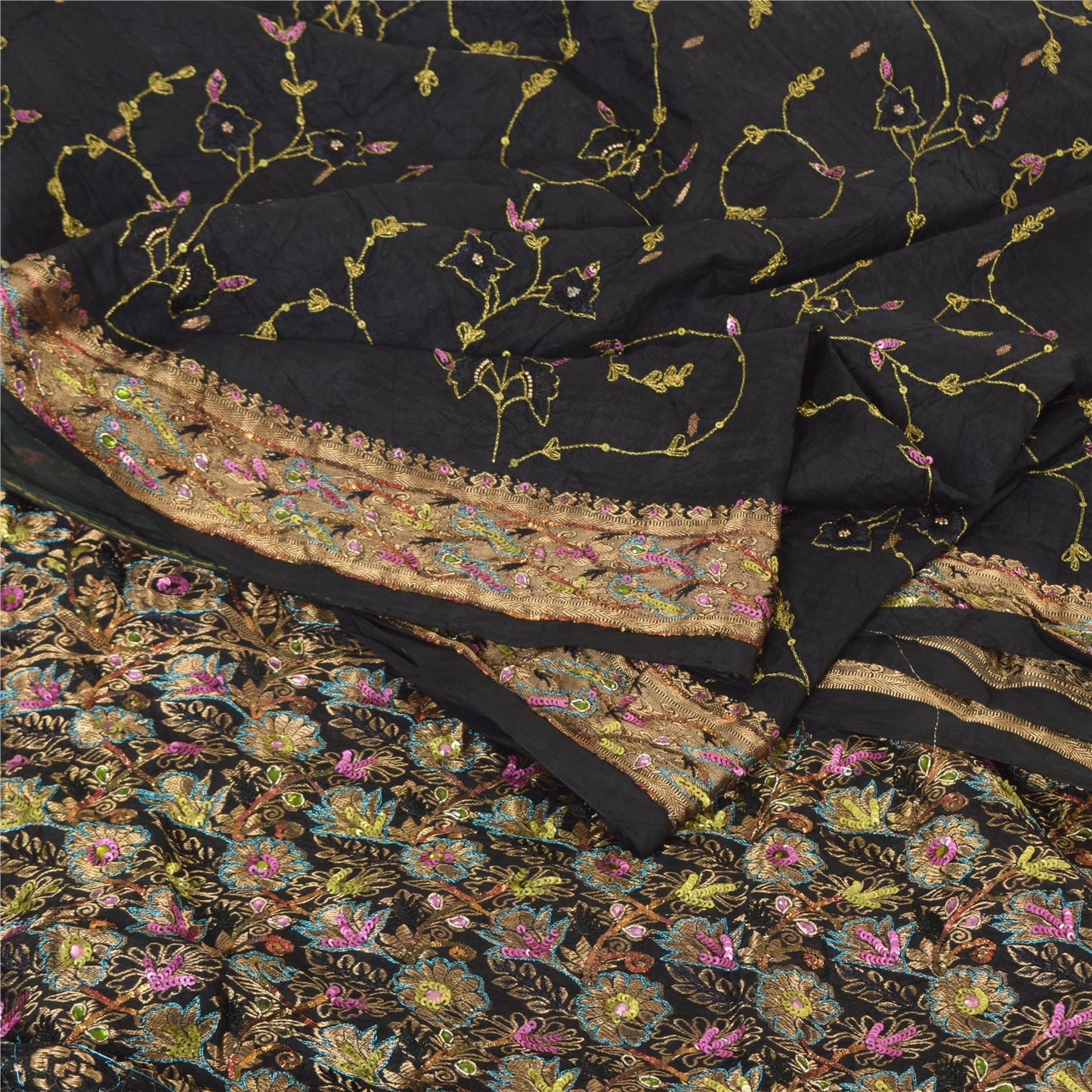 Sanskriti Vintage Black Sarees Pure Silk Hand Beaded Brocade Premium Sari Fabric