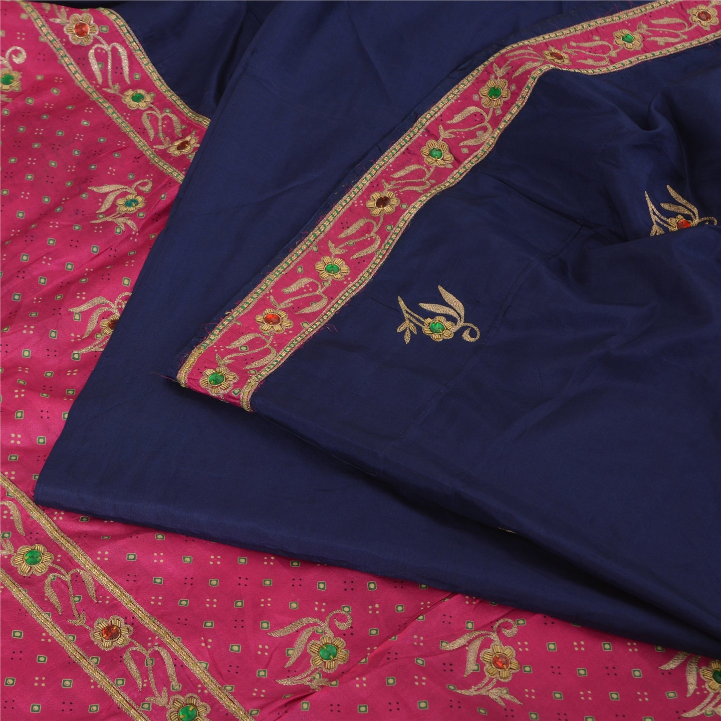 Sanskriti Vintage Bandhani Hand Beaded Sarees Pure Silk Pink/Navy Blue Sari