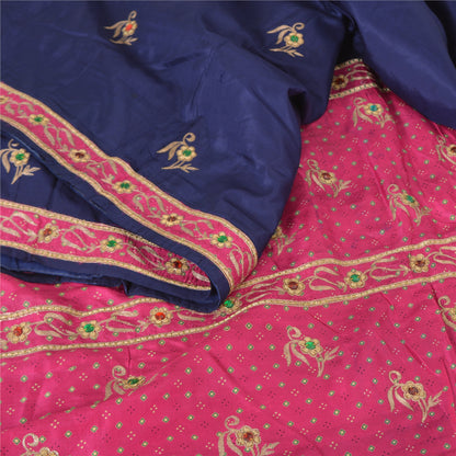 Sanskriti Vintage Bandhani Hand Beaded Sarees Pure Silk Pink/Navy Blue Sari