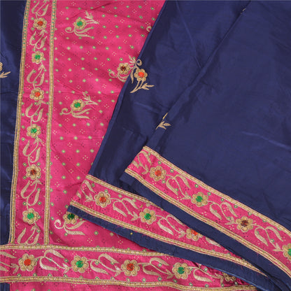 Sanskriti Vintage Bandhani Hand Beaded Sarees Pure Silk Pink/Navy Blue Sari