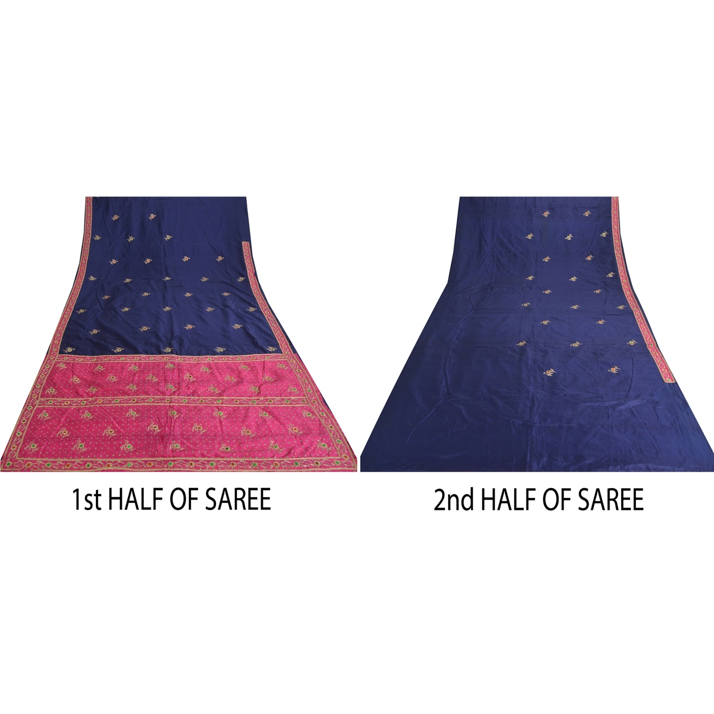 Sanskriti Vintage Bandhani Hand Beaded Sarees Pure Silk Pink/Navy Blue Sari