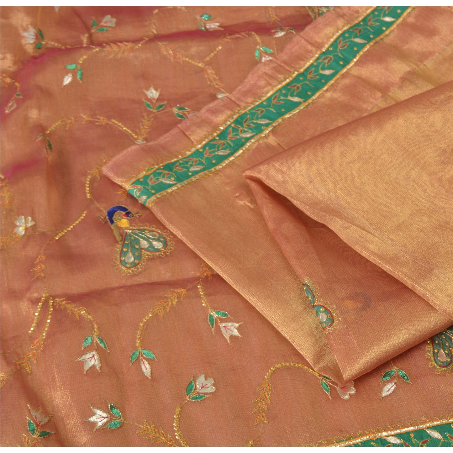 Sanskriti Vintage Copper Sarees Artificial Silk Handwoven Gotapati Sari/Fabric