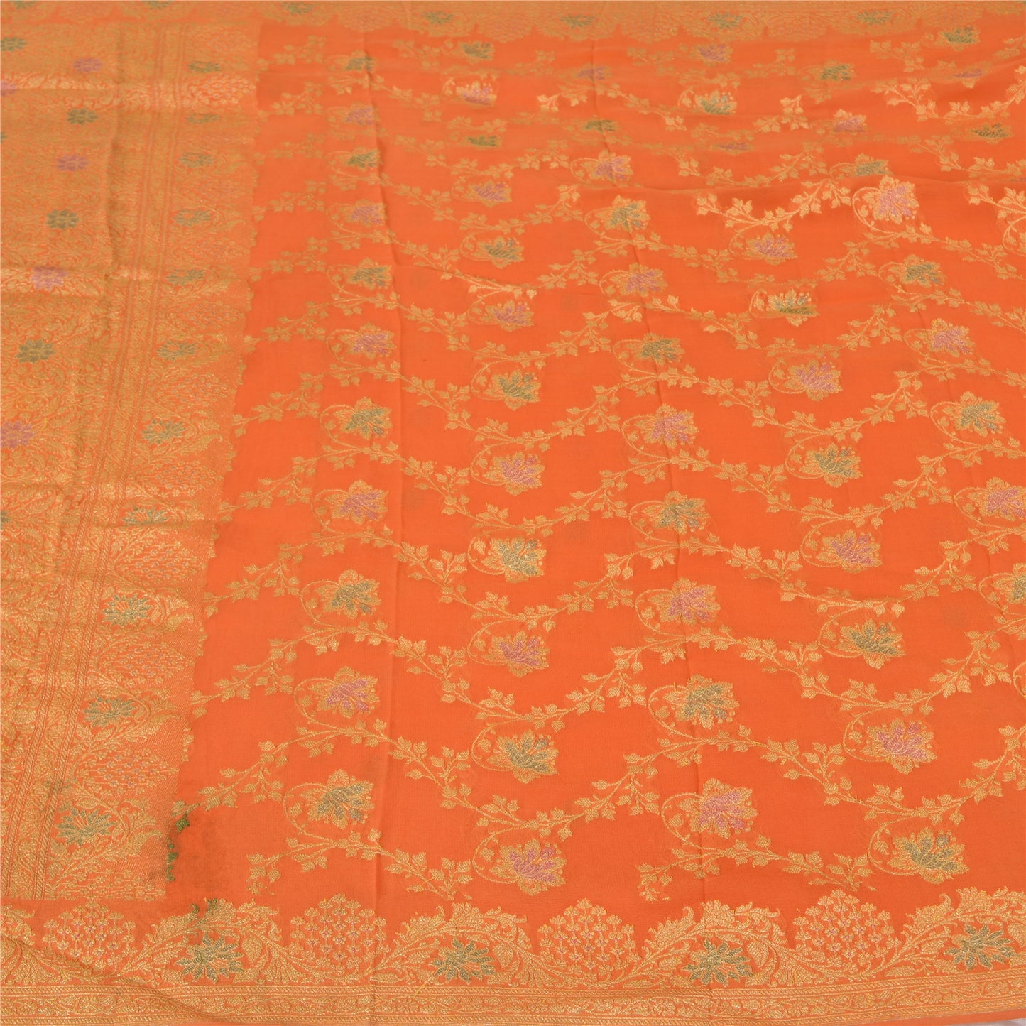 Sanskriti Vintage Orange Sarees Pure Georgette Silk Hand Woven Sari Craft Fabric