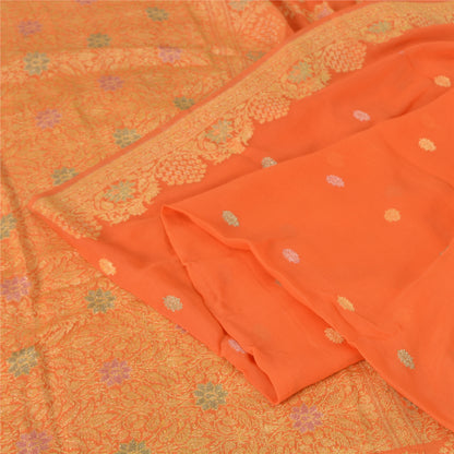 Sanskriti Vintage Orange Sarees Pure Georgette Silk Hand Woven Sari Craft Fabric