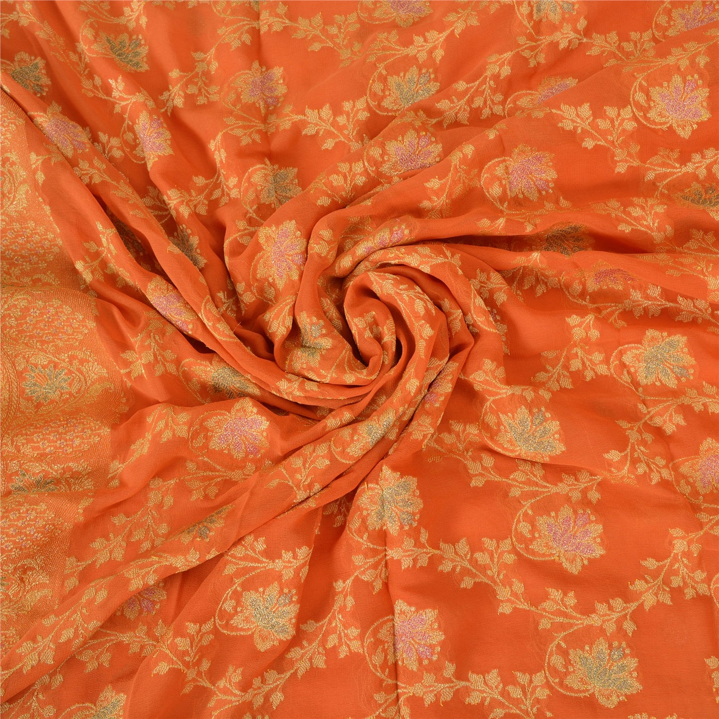 Sanskriti Vintage Orange Sarees Pure Georgette Silk Hand Woven Sari Craft Fabric