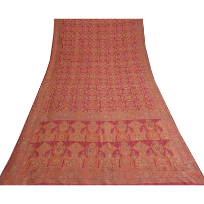 Sanskriti Vintage Pink Sarees Pure Silk Hand Woven Premium Sari 5yd Craft Fabric