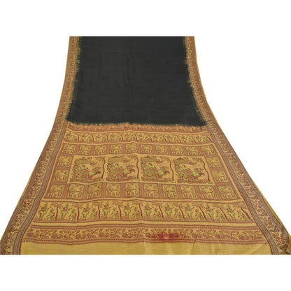 Sanskriti Vintage Black Sarees Pure Silk Baluchari Woven Sari Ethnic 5yrd Fabric