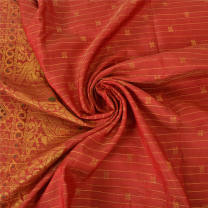 Sanskriti Vintage Red Sarees Pure Silk Brocade/Banarasi Hand Woven Sari Fabric