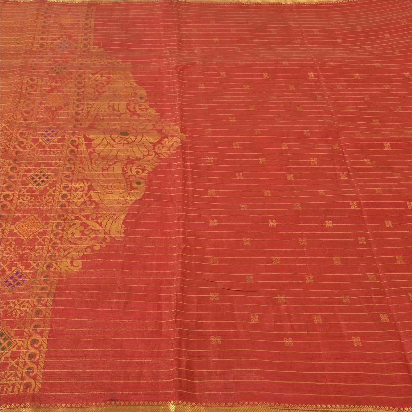 Sanskriti Vintage Red Sarees Pure Silk Brocade/Banarasi Hand Woven Sari Fabric