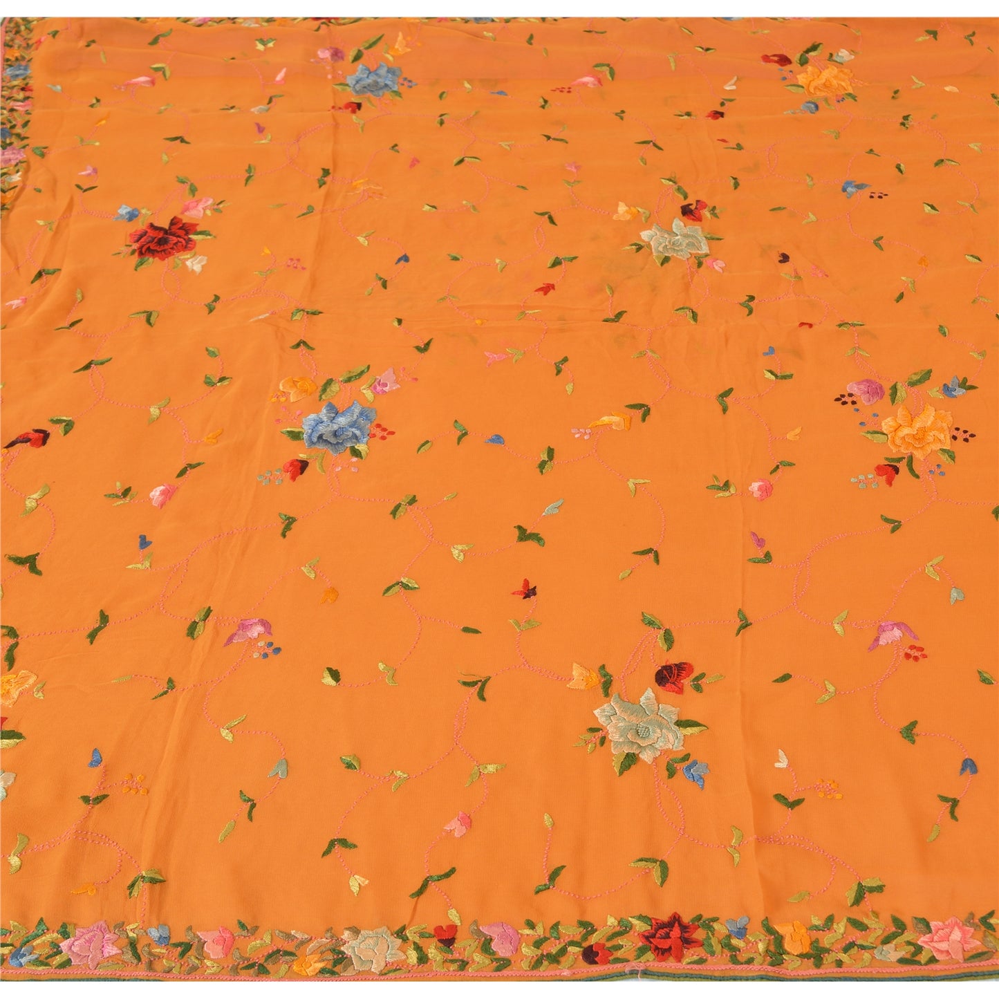 Sanskriti Vintage Mustard Sarees Pure Georgette Silk Embroidered Sari 5Yd Fabric