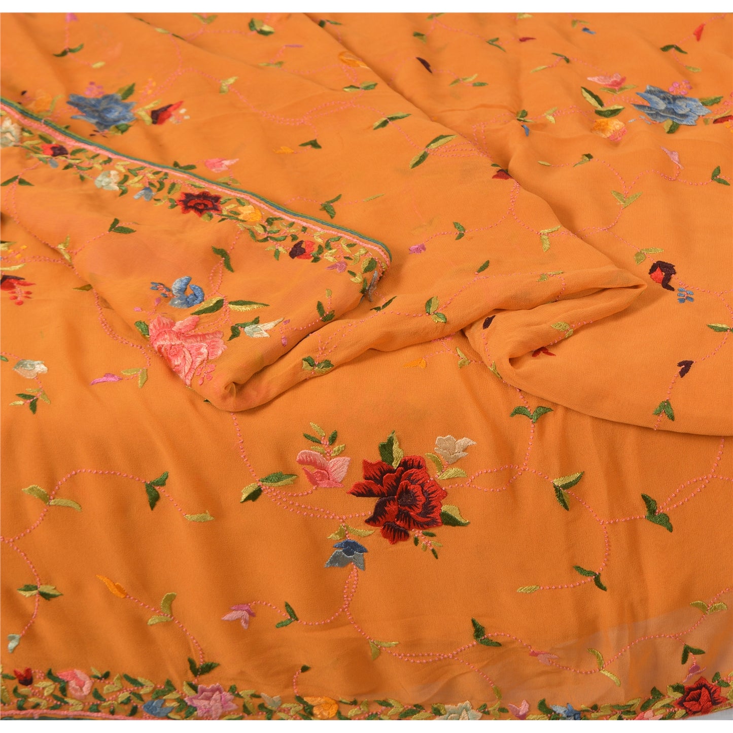 Sanskriti Vintage Mustard Sarees Pure Georgette Silk Embroidered Sari 5Yd Fabric