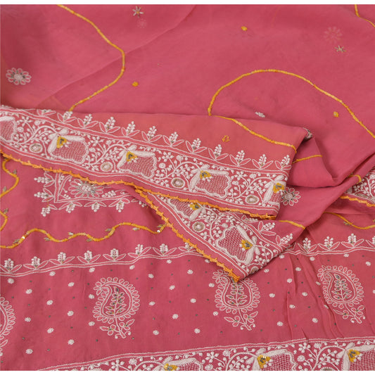 Sanskriti Vintage Pink Sarees Pure Georgette Silk Hand Embroidered Fabric Sari